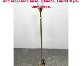 Lot 541 Vintage floor lamp with Glass shade and brasstone base. 2 knobs. Laurel style. Unmarked.