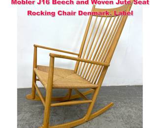 Lot 514 Danish Modern Hans Wegner FDB Mobler J16 Beech and Woven Jute Seat Rocking Chair Denmark. Label
