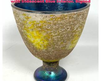 Lot 43 Scavo Art Glass Chalice Form Vase with Iridescent Blue Interior. Signed