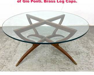 Lot 524 Italian Glass Top Round Table. Style of Gio Ponti. Brass Leg Caps. 