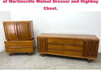 Lot 236 2pc Mid Century Modern American of Martinsville Walnut Dresser and Highboy Chest. 