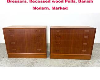 Lot 198 Pr. Lyby Mobler Denmark low Chest Dressers. Recessed wood Pulls. Danish Modern. Marked 