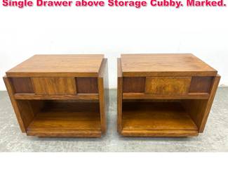 Lot 436 Pr LANE Cube form Night Stands. Single Drawer above Storage Cubby. Marked. 