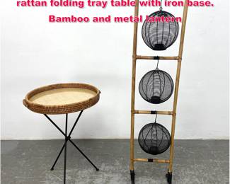Lot 196 2pcs Decorative Furniture. Small rattan folding tray table with iron base. Bamboo and metal lantern 