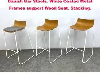 Lot 129 Set 3 CARL HANSEN and SON Danish Bar Stools. White Coated Metal Frames support Wood Seat. Stacking. 