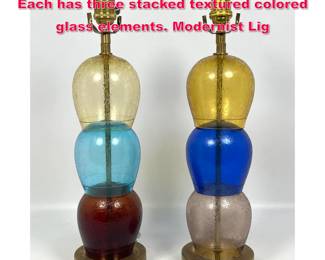 Lot 396 2pc Colored Glass Table Lamps. Each has three stacked textured colored glass elements. Modernist Lig