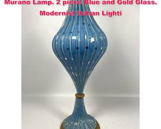 Lot 32 Wonderful Blue Art Glass Venetian Murano Lamp. 2 piece Blue and Gold Glass. Modernist Italian Lighti