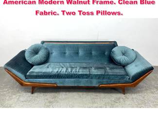 Lot 156 Adrian Pearsall Gondolla Sofa. American Modern Walnut Frame. Clean Blue Fabric. Two Toss Pillows. 