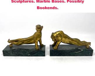 Lot 49 Pr Gilt Metal Stretching Large Cat Sculptures. Marble Bases. Possibly Bookends. 