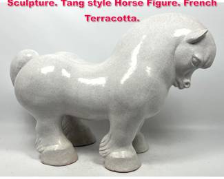 Lot 14 Large White Glazed Pottery Horse Sculpture. Tang style Horse Figure. French Terracotta. 