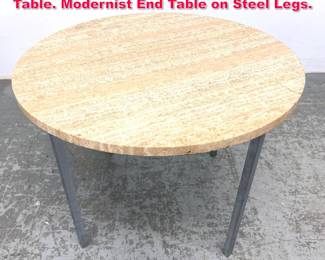 Lot 77 Poul Kjaerholm Travertine Round Table. Modernist End Table on Steel Legs. 