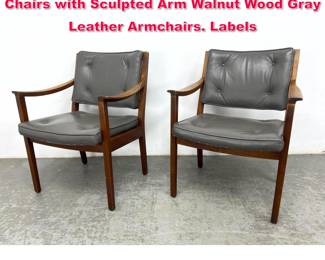 Lot 312 Pair Mid Century Modern Gunlocke Chairs with Sculpted Arm Walnut Wood Gray Leather Armchairs. Labels
