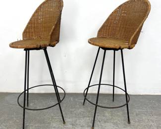 Lot 560 Pair Rattan Wrapped Iron Bar Stools. 