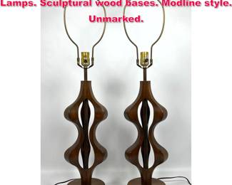 Lot 186 Pr American Modern Walnut Table Lamps. Sculptural wood bases. Modline style. Unmarked.