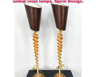Lot 255 Pair Modernist Leeazane style tall amber resin lamps. Spiral Design. 