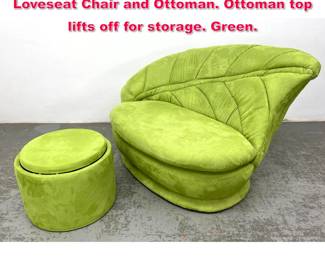 Lot 591 Decorator Leaf Form Lounge Loveseat Chair and Ottoman. Ottoman top lifts off for storage. Green.