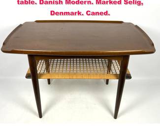 Lot 15 Paul Jensen for SELIG Two tier side table. Danish Modern. Marked Selig, Denmark. Caned.