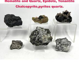Lot 616 6 Piece Geology rock specimens. Hematite and Quartz, Epidote, Tenantite Chalcopyrite,pyrites quartz.
