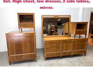Lot 531 5pcs American Modern Bedroom Set. High chest, low dresser, 2 side tables, mirror. 