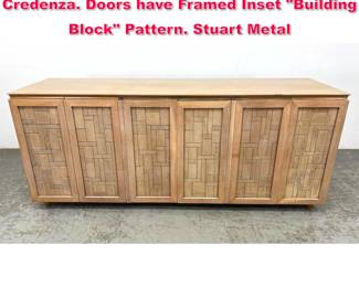Lot 434 JOHN STUART American Modern Credenza. Doors have Framed Inset Building Block Pattern. Stuart Metal