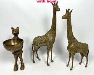 Lot 204 3pc Brass 18 Giraffes and Fox with bowl.