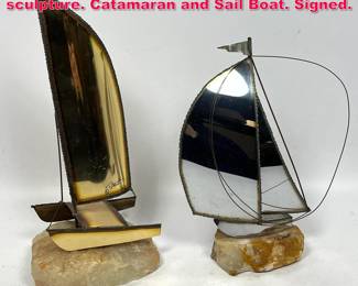 Lot 202 2Pc DeMott Brutalist boat table sculpture. Catamaran and Sail Boat. Signed. 