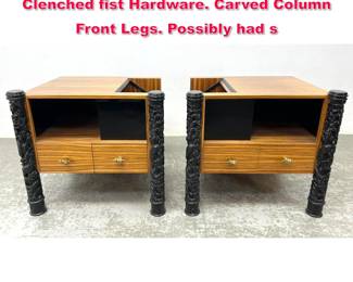 Lot 572 Pair Oversized Side Table Cabinets. Clenched fist Hardware. Carved Column Front Legs. Possibly had s