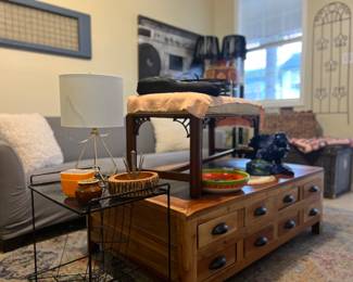 Never got around to recovering the bench. Table is solid wood with drawers on both sides.