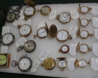 20 plus pocket watches, both men's and women's. Many of them are running.
