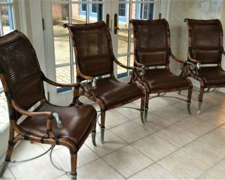 Early 21st Century Maitlin Smith Regency Style    Rattan Cane and Leather Arm Chairs