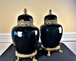 Ceramic Ginger Jar with Gold trim and Gold Tipped Top