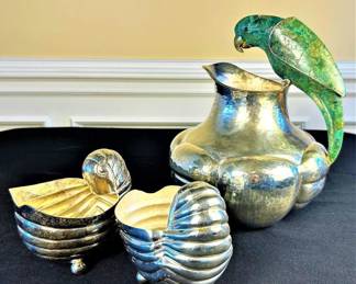 Emilia Castillio Silver Plated and Semi Precious Stone Pitcher with Nautilus Silver Metal Shell Urns