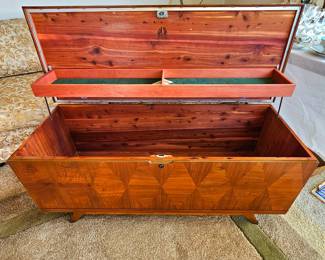 MCM "LANE" Walnut Cedar Chest With Inlaid Diamond Pattern.