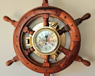 Wood & Brass Porthole Ship Wheel Wall Clock.