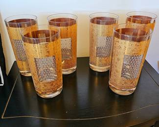 Set Of 6 Pasinski 22K Gold Kashmir Pattern Highball Glasses.
