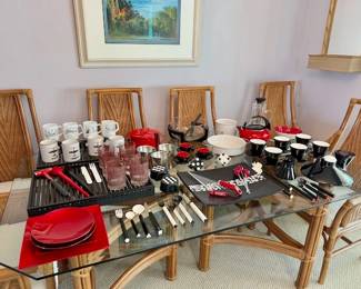 Vintage Post Mid-Century Bent Rattan & Wicker Dining Set. 6 "Captain Chair" and  Table w/Glass Top & Gorgeous Dual Bent Rattan Bases.  PERFECT CONDITION