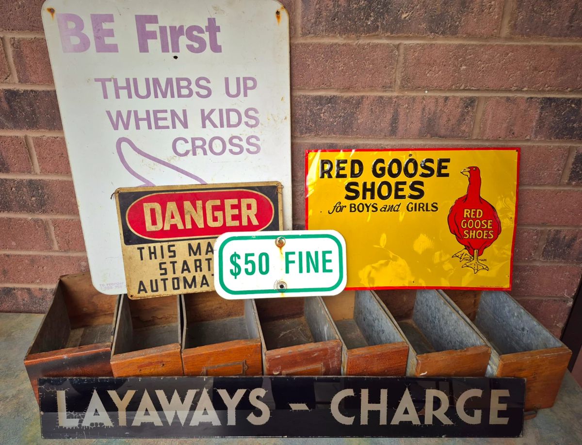 SATURDAY 1/2 OFF ALL REMAINING ITEMS!!
Large 2 Day Estate/Household Sale.  Much primitives and advertising!! "Red Goose Shoes" vintage metal sign and "Layaways-Charges" glass J. C. Penny's vintage sign