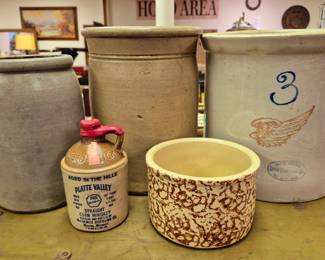 Stoneware. Red Wing 3 gal crock, salt glazed crocks and Mccormick "Platte Valley" jug