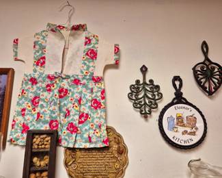 Vintage household items. Handmade clothespin hanging bag. Cast iron trivets