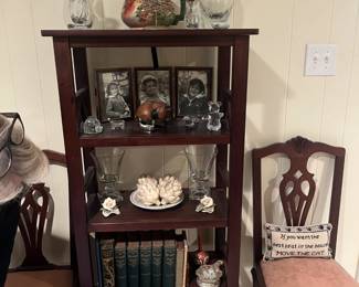Decanters, vintage books, limoges dishes
