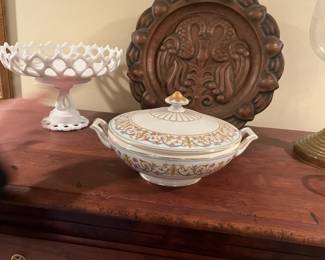 Limoges server, milk glass pedestal bowl