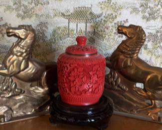 Cinnabar Lidded Jar Brass Rear Horse Book Ends