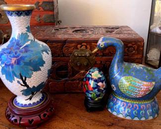 Wood Box With Cloisonne Vase