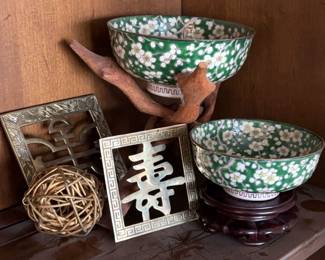 Chinese Green Cherry Blossom Footed Bowls