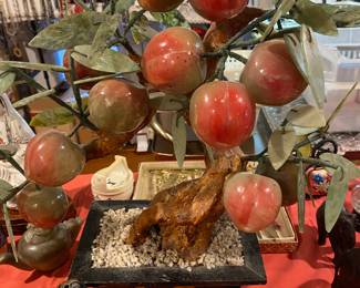 Vintage Chinese Jade and carved stone peach bonsai tree 