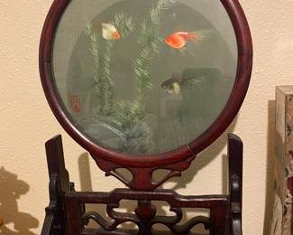 Vintage Chinese hand carved table screen with embroidered fish