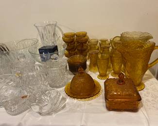 Table full of CRYSTAL and vintage TIARA SWEET PEAR light amber glassware 