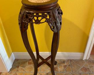 Antique CHINESE PEDESTAL STAND carved rosewood with marble top 