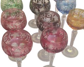 Set of eleven colored cut to clear Bavarian hock wine glasses