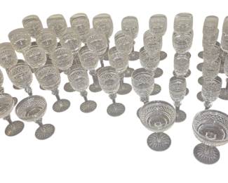 Extensive set of Waterford crystal in the Castletown pattern: 14 Redwine/Water, 12 white wine, 10 liqueur and four coupe/ open champagne 